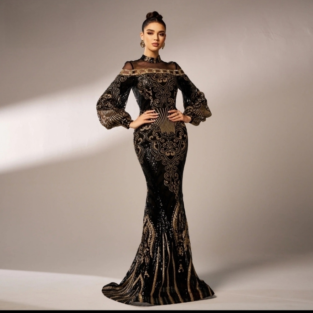 Black Embellished Backless Gown with Bishop Sleeves- CUSTOM MADE - Picture 4 of 15
